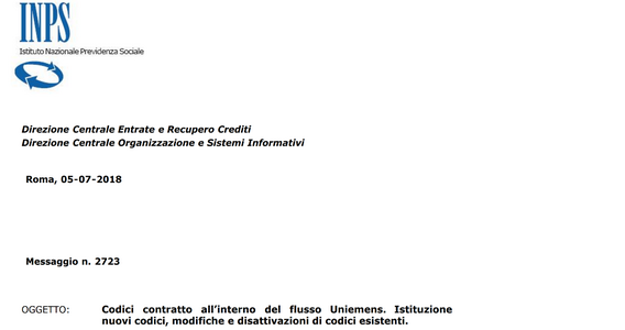 INPS: istituti nuovi codici contratto all'interno del flusso Uniemens