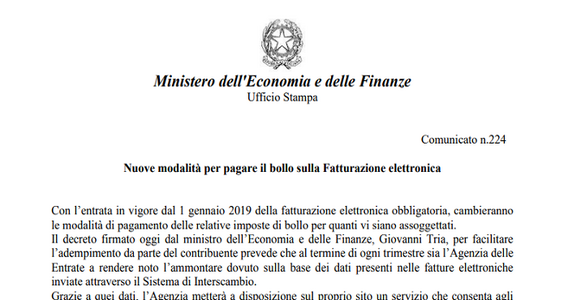 Bollo su fatture elettroniche: nuove modalità di pagamento dal 1° gennaio 2019
