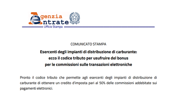 Bonus transazioni elettroniche benzinai: codice tributo e istruzioni