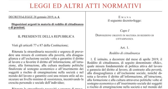 Reddito di cittadinanza e quota 100: testo del decreto legge in Gazzetta Ufficiale