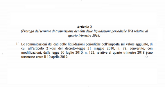 Proroga scadenza Lipe quarto trimestre 2018 al 10 aprile 2019