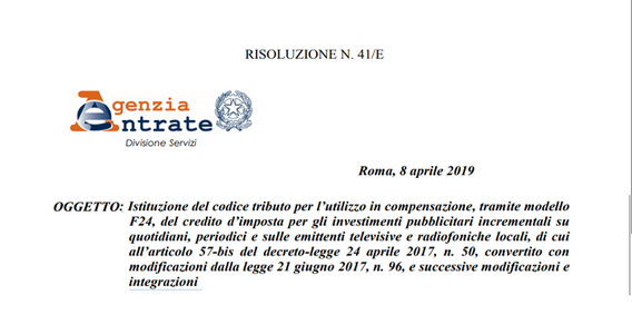 Bonus pubblicità, codice tributo ed istruzioni per compilare il modello F24