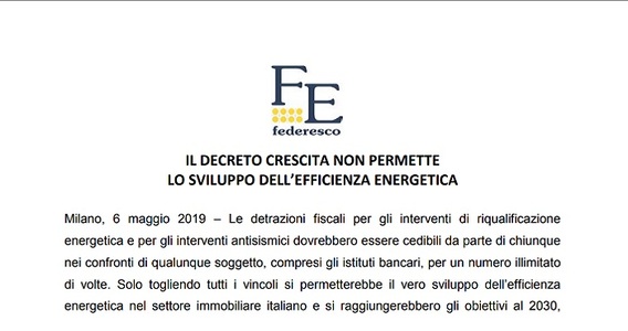Decreto Crescita, Federesco chiede di rivedere ecobonus e sismabonus