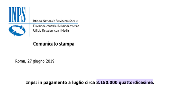 Quattordicesima pensioni 2019: comunicato stampa INPS