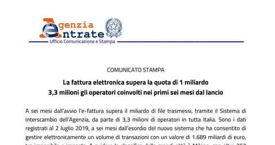 Fattura elettronica, più di 1 miliardo di invii, Milano in testa. Bilancio dei primi sei mesi
