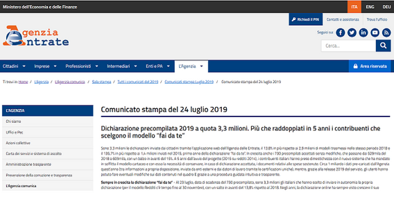 Modello 730/2019 precompilato, i dati delle Entrate: crescono gli invii