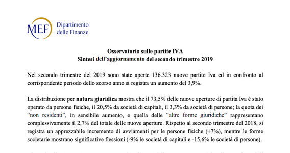 Osservatorio partite IVA secondo trimestre 2019: 136.323 nuove aperture