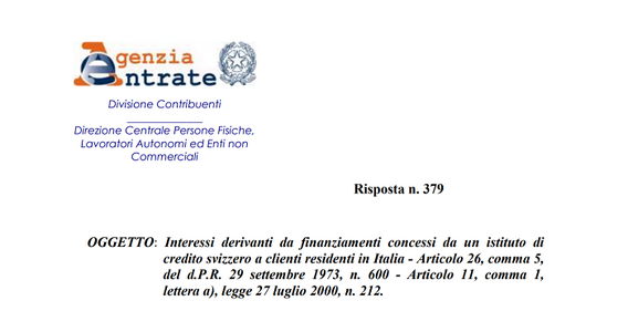 Finanziamento da parte di una banca svizzera, quale tassazione sugli interessi?
