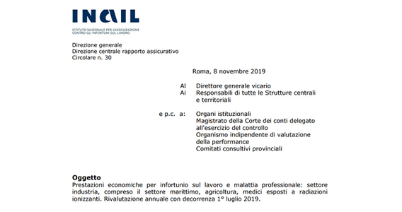 Prestazioni INAIL infortunio sul lavoro e malattia professionale rivalutate da luglio 2019