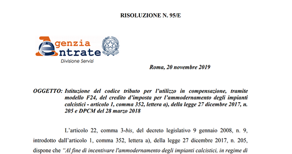 Bonus impianti di calcio: 6907 è il codice tributo da utilizzare nel modello F24