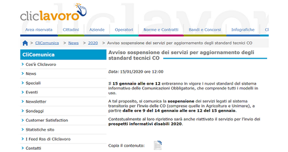 Aggiornamento comunicazioni obbligatorie: servizio sospeso per 24 ore