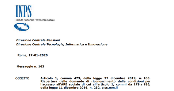 APE sociale 2020, l'INPS annuncia la riapertura delle domande