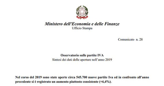 Partite IVA in crescita, 545.700 nate nel 2019: il motore è il regime forfettario
