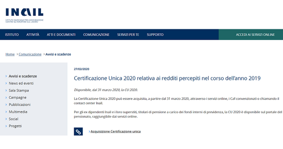 Certificazione Unica INAIL 2020 dal 31 marzo: come scaricare il modello CU