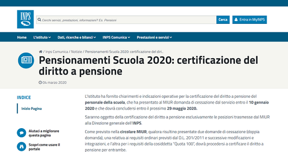 Pensionamenti scuola 2020: domanda INPS e certificazione del diritto