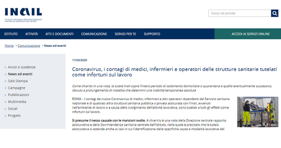 Coronavirus, prestazioni INAIL per il contagio sul lavoro: è come un infortunio