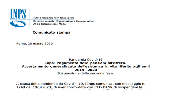 INPS: controlli sospesi per il pagamento delle pensioni all'estero