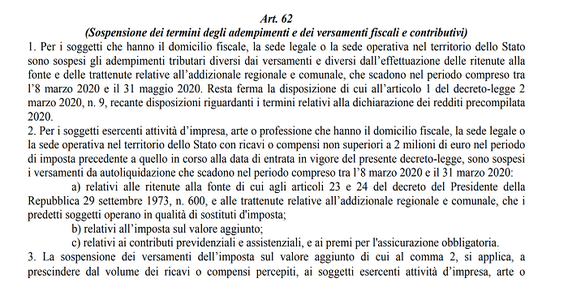 Sospensione adempimenti e versamenti tributari: come interpretare l'art. 62 del DL “Cura Italia”