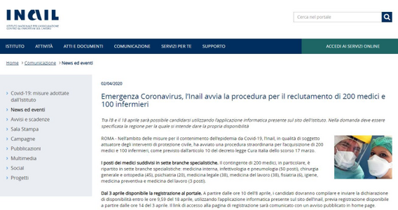 Coronavirus, assunzioni INAIL medici e infermieri: domanda dall'8 al 18 aprile