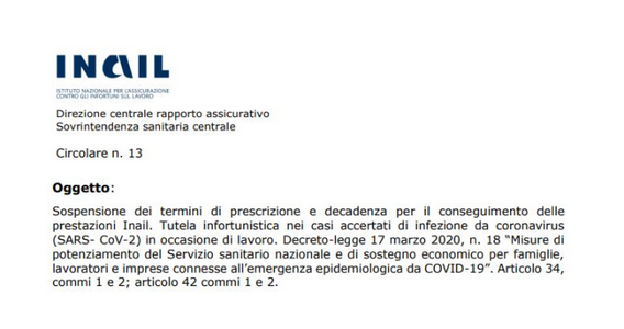 Sospensione scadenze INAIL fino al 1° giugno e chiarimenti sui contagi sul lavoro