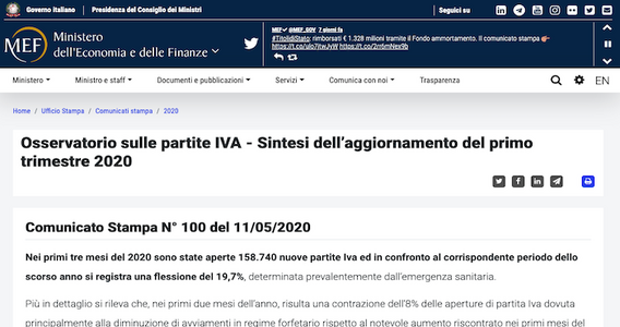 MEF: chiusa 1 partita IVA su 5 nel primo trimestre 2020