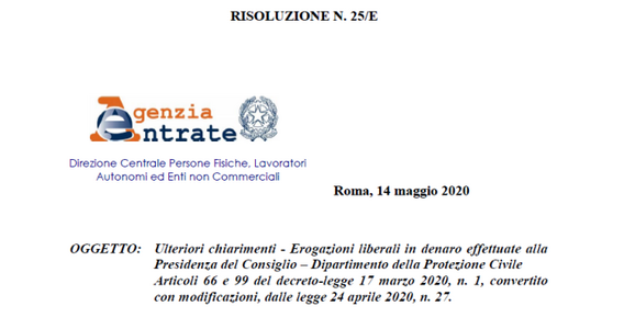 Donazioni coronavirus, DL Cura Italia: nuovi chiarimenti delle Entrate