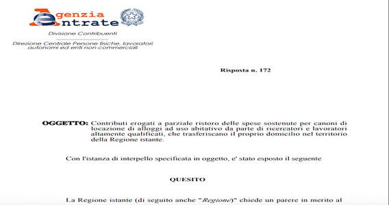 Contributi affitti dalla Regione: possono essere tassati? I chiarimenti dell'AdE