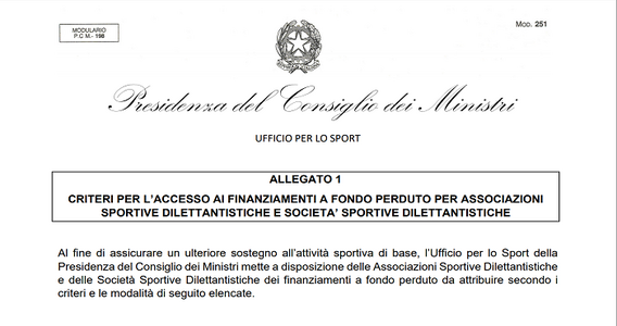 Contributi a fondo perduto anche per associazioni e società sportive dilettantistiche