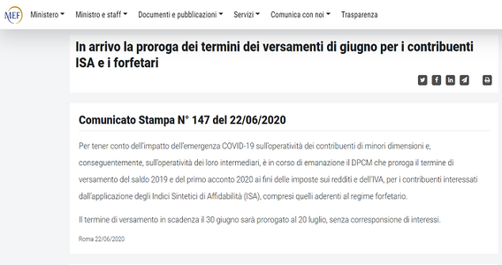 MEF: proroga imposte al 20 luglio (comunicato stampa ufficiale)