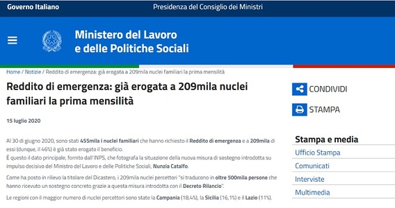 Reddito di emergenza: pagamento per 209 mila nuclei, si avvicina la scadenza della domanda