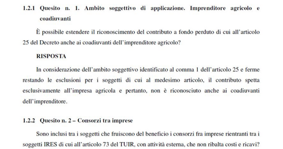 Contributi a fondo perduto: spettano ai coadiuvanti dell'imprenditore agricolo e ai consorzi tra imprese?