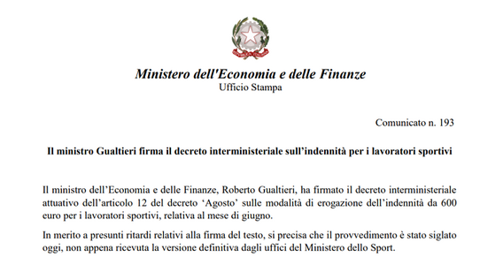 Bonus 600 euro di giugno destinato agli sportivi: firmato il Decreto MEF