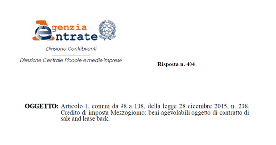 Credito di imposta Mezzogiorno: spetta anche per beni in sale and lease back?