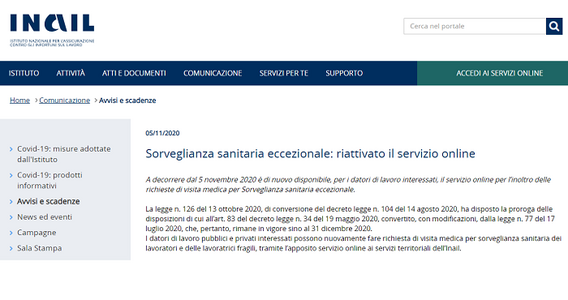 Lavoratori fragili e sorveglianza sanitaria: servizio online INAIL per la visita medica