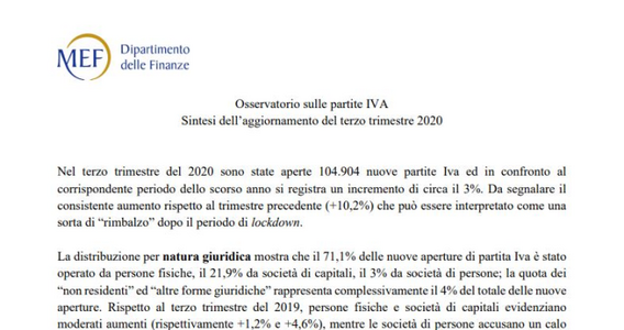 Partite IVA, i dati del terzo trimestre 2020: rimbalzo del 10% sul secondo trimestre