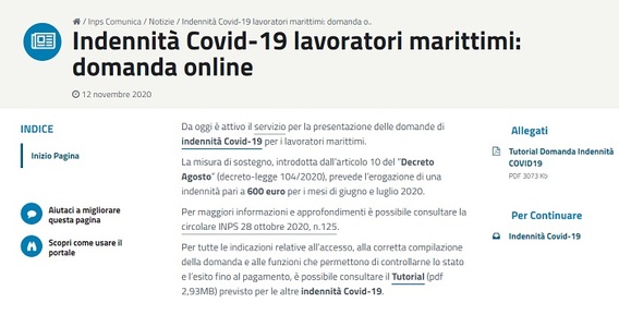Domanda bonus Covid per i lavoratori marittimi sul portale INPS: le istruzioni