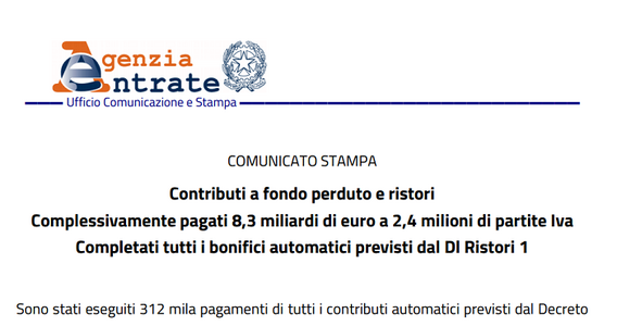 Pagamento contributi a fondo perduto: 312 mila nuovi bonifici dall'Agenzia delle Entrate