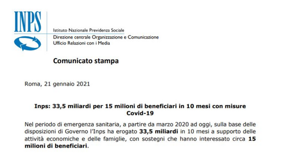 Bonus e misure Covid-19, INPS: 33,5 miliardi in 10 mesi per l'emergenza
