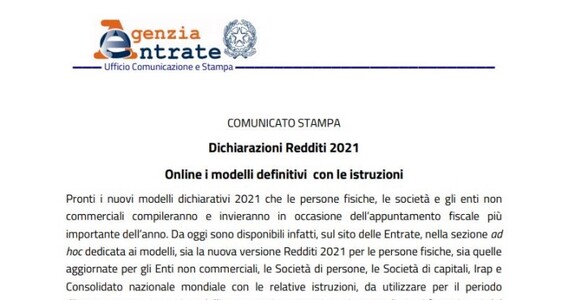 Dichiarazioni fiscali 2021: online anche i modelli definitivi Redditi, Irap e Consolidato