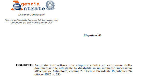 Legge 104, IVA ridotta auto disabili: certificazione anche dopo l'acquisto