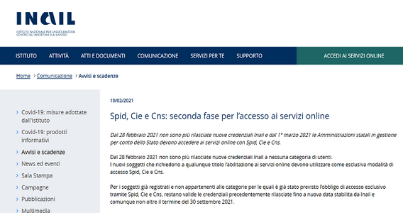 SPID obbligatorio, credenziali INAIL addio dal 28 febbraio 2021