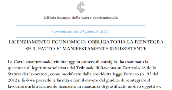 Articolo 18, licenziamento economico: sì al dovere di reintegra del lavoratore