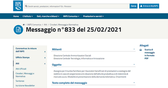 ANF 2021, domanda INPS anche in caso di cassa integrazione con pagamento diretto