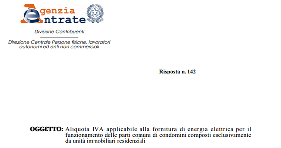Bollette, IVA ridotta per l'energia delle parti comuni del condominio residenziale