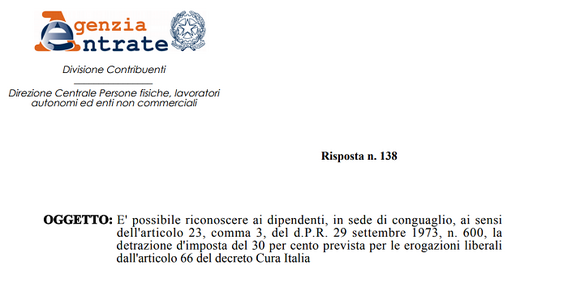 Detrazioni in busta paga per le donazioni dovute al Covid: ok delle Entrate