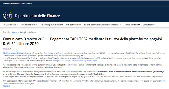 Pagamento Tari Tefa 2021 con PagoPA dal 1° luglio: le ipotesi MEF sulle scadenze