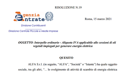 IVA ridotta per la cessione di oli vegetali che generano energia elettrica