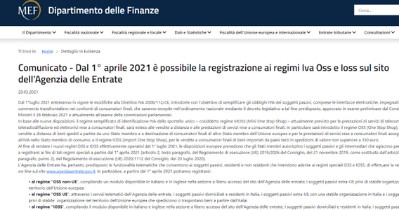 IVA Oss e Ioss, Agenzia delle Entrate: registrazione sul sito dal 1° aprile 2021