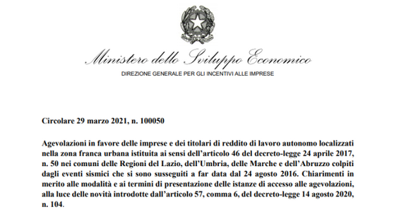 ZFU Sisma Centro Italia: domande per l'agevolazione dal 20 maggio al 16 giugno
