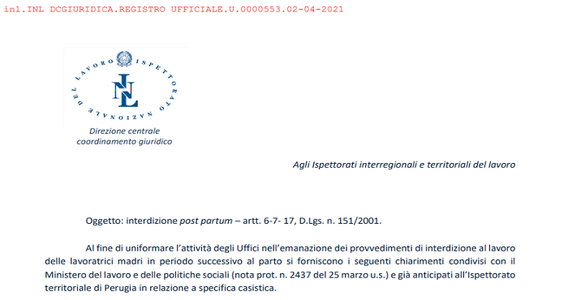 Madre lavoratrice, interdizione post partum a prescindere dal DVR: i chiarimenti dell'INL
